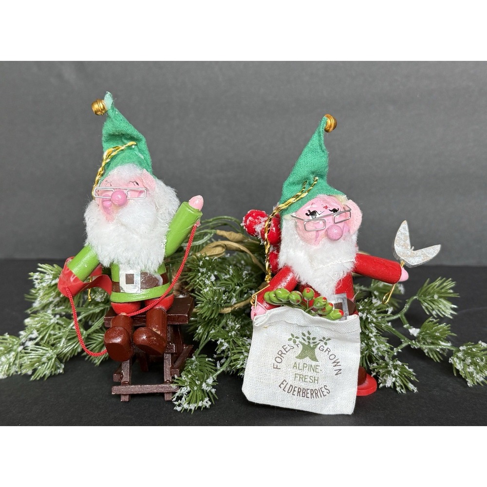 Vintage Kurt Adler Wooden "Elf" Christmas Ornaments - Set of 2 - Made in USA